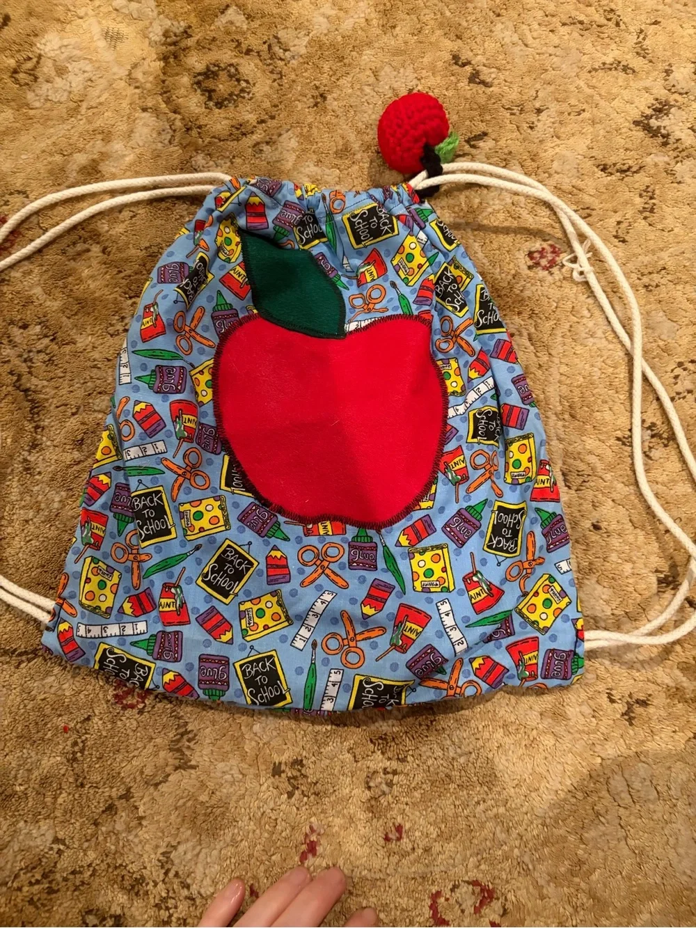 Kids Back to School appliqued Drawstring Backpack with Red Apple Accent casual